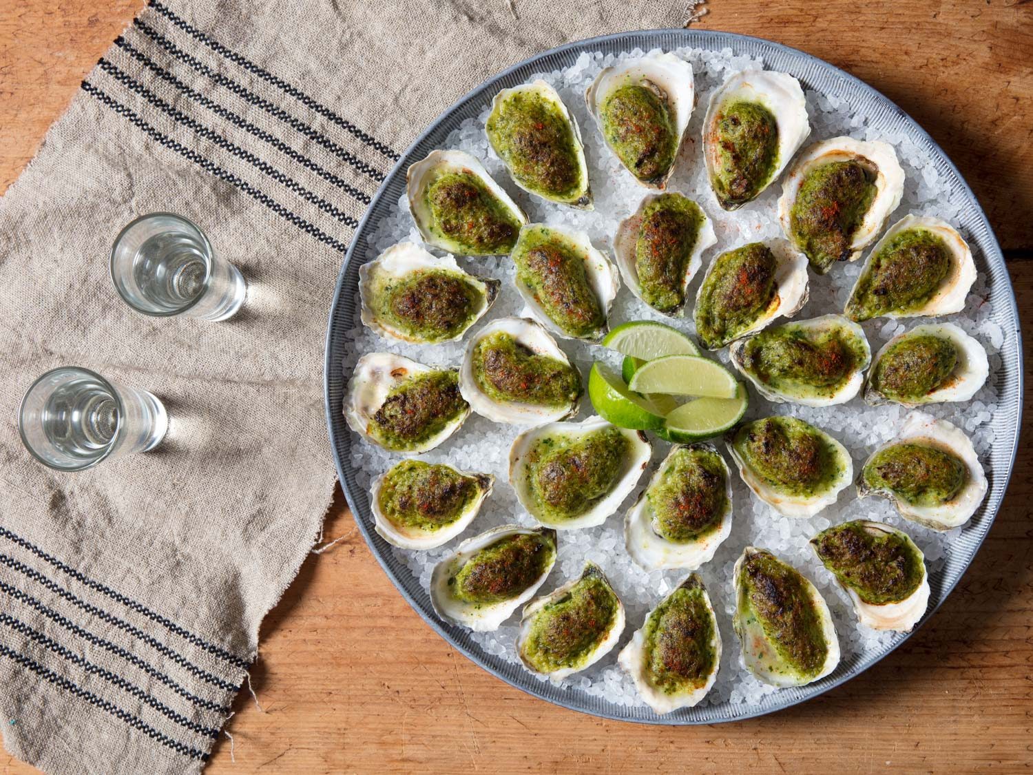 Overhead shot of platter of finished oysters Oaxacafeller.