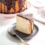 a slice of chocolate-glazed angel food cake