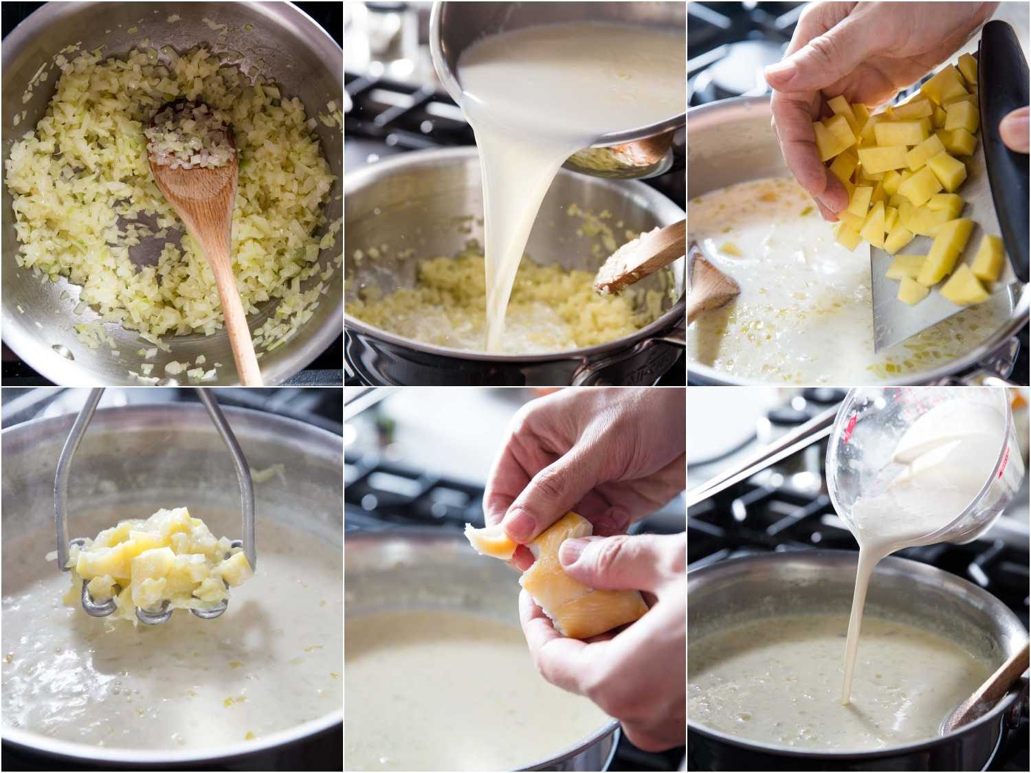 Step-by-step process of making Cullen skink: sautéing onions, adding milk and potatoes, mashing the potatoes, adding smoked fish and cream