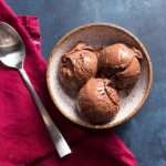 overhead shot of three scoops of chocolate ice cream in a dish